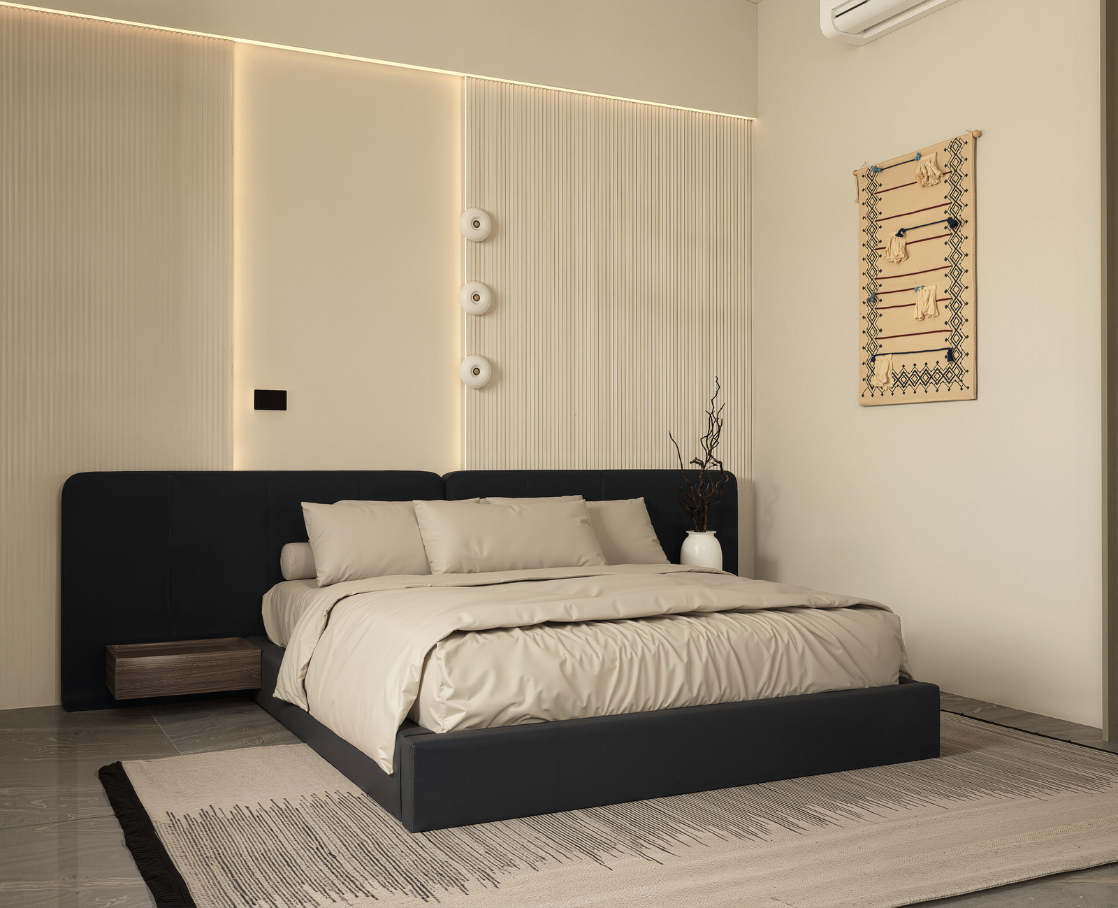 Bedroom front view with black upholstered headboard and beige bedding